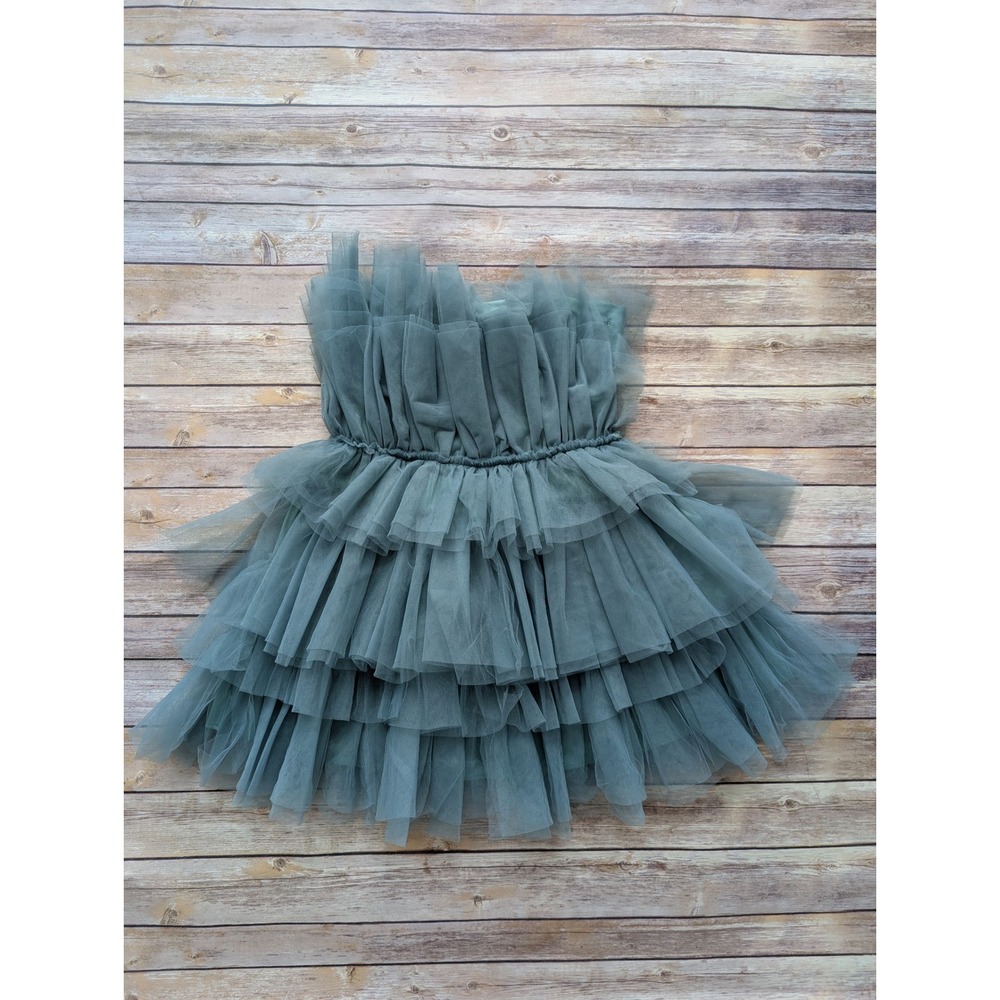 MABLE Strapless Fairycore Tulle Mini Dress Women S Sage Green Tiered Ruffle - Picture 2 of 7